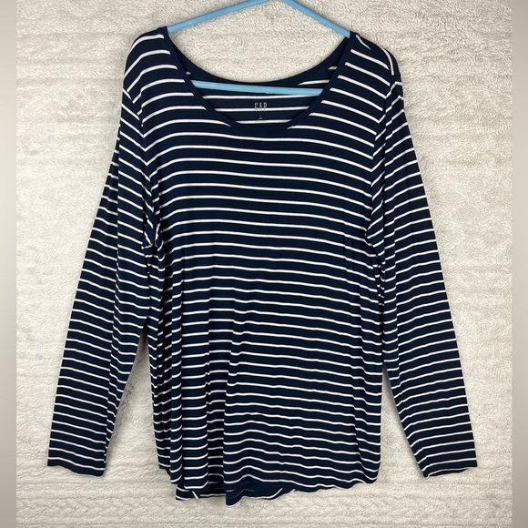 GAP Luxe Navy Striped Nautical Crew Neck Long Sleeve Size Large Preppy Prep - Picture 1 of 13